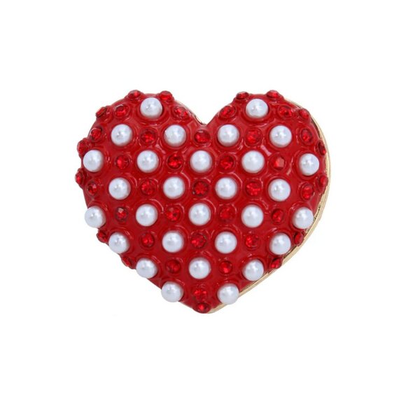 Betsey Johnson XOXO Heart PEARL Cocktail Stretch Ring Red Crystal NWT - Picture 3 of 8